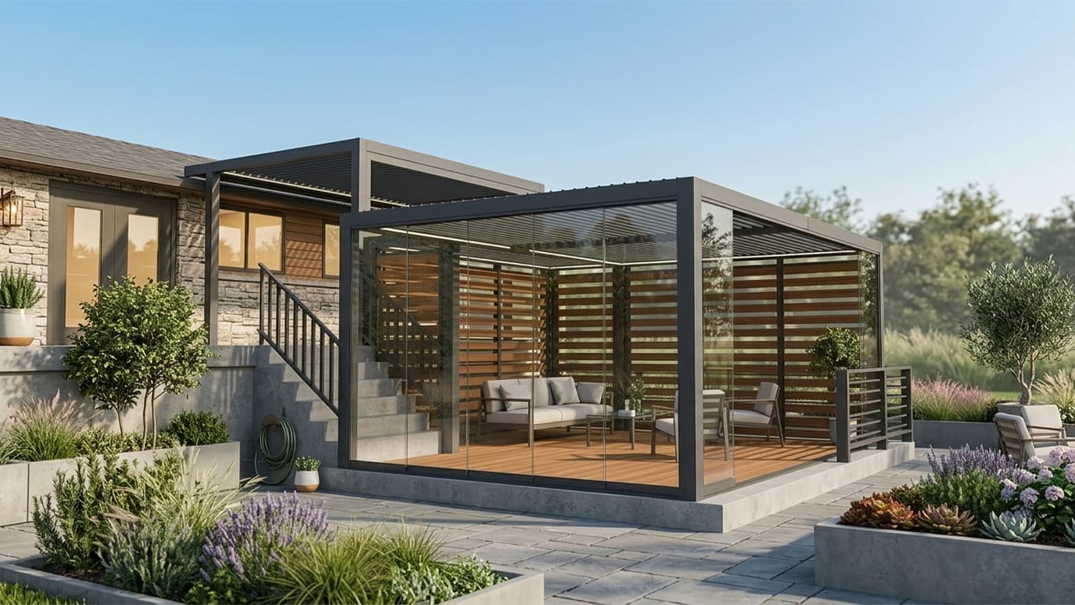 Residential patio aluminum pergola application for outdoor living shade and comfort
