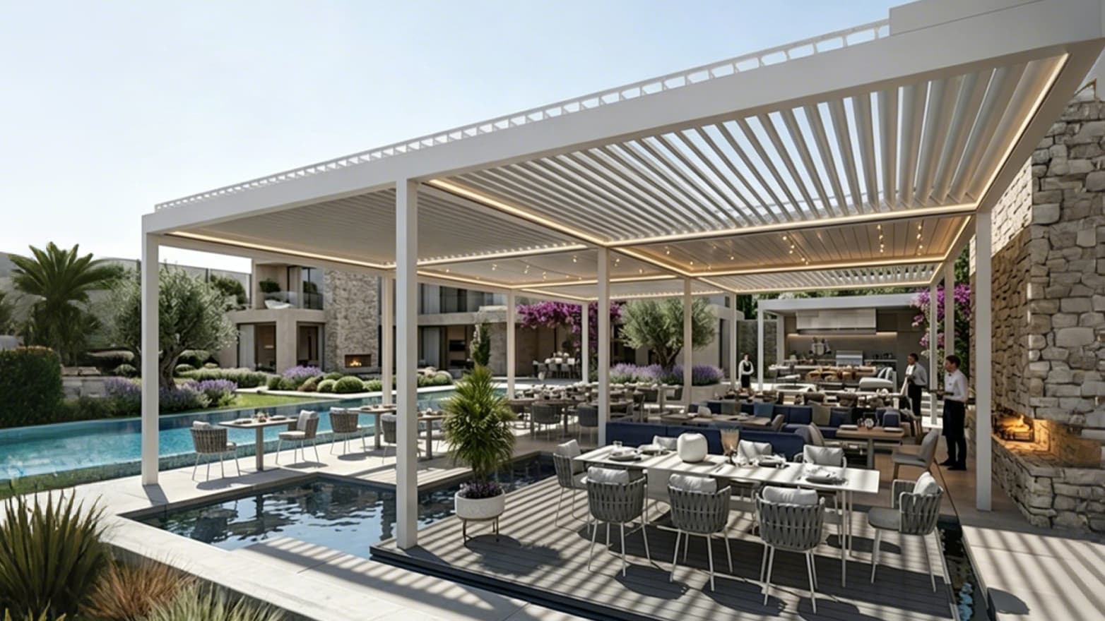 Commercial outdoor living buyer scenario for hotel restaurant and villa pergola projects